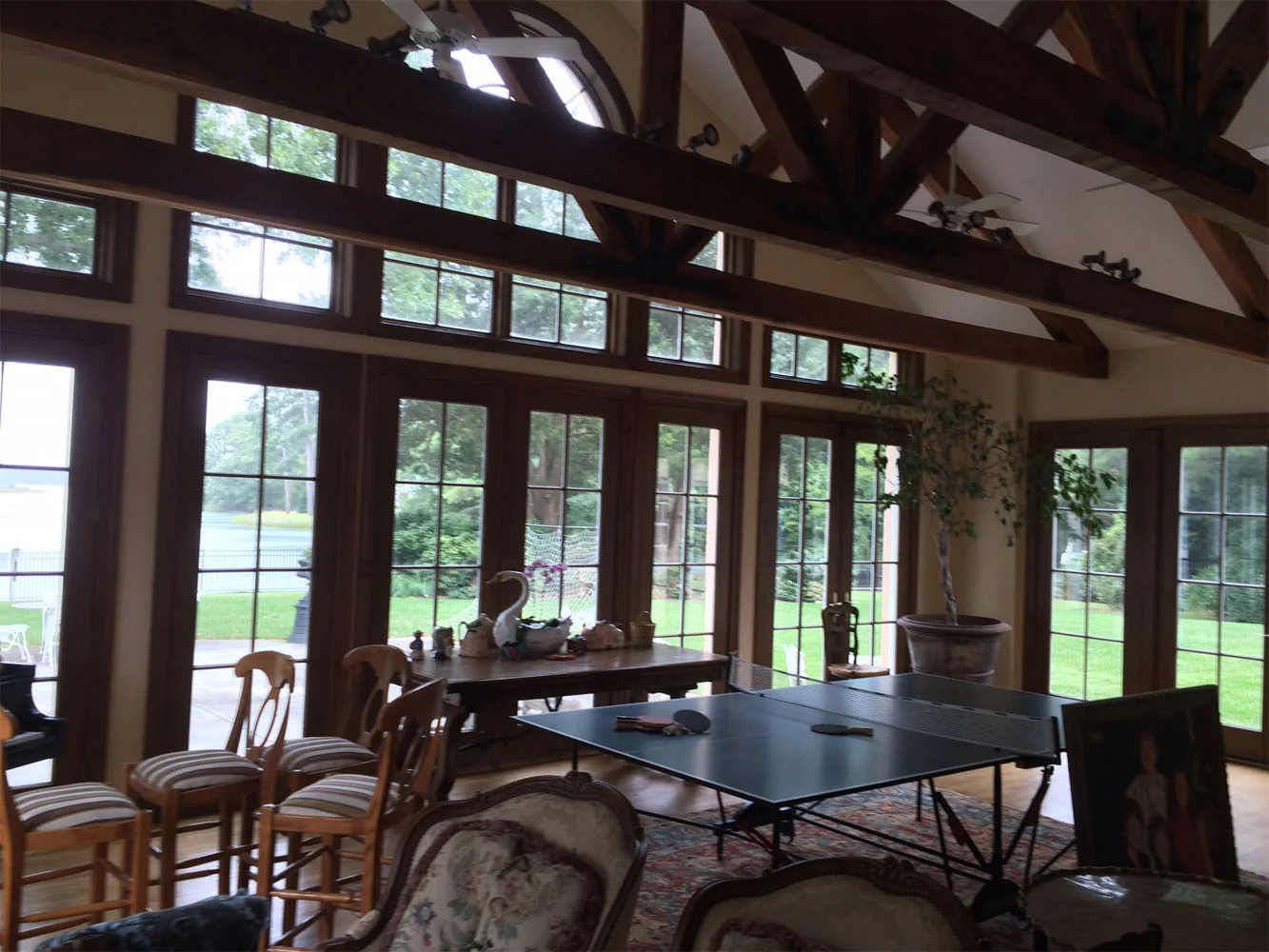 Rustic great room with exposed wooden beams