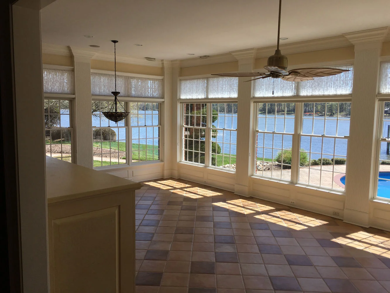 Waterfront room with large windows